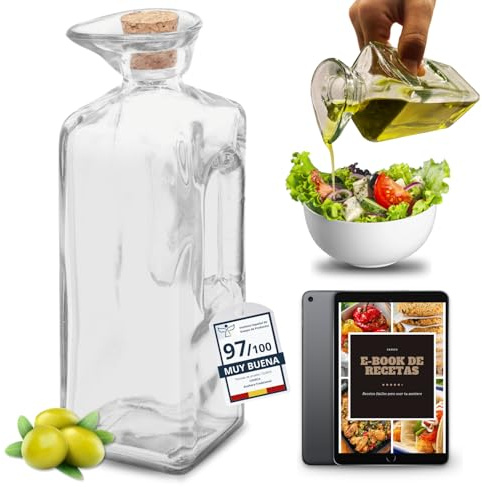 CAVECA Aceitera de Cristal Antigoteo para Cocina de 330ml y Tapón de Corcho + REGALO, Aceitera Tradicional de Vidrio 100% Reciclado y Fabricada en España, Dispensador de Aceite Cocina, Botella Cristal