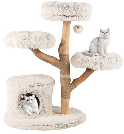 COSTWAY Árbol para Gatos Moderno de Madera Maciza, 102 cm Torre Gatos Rascador Acolchado con Felpa Extra Suave, Rascador para Gatito, 3 Plataformas, Poste de Yute, Nido, Bola Colgante, Blanco