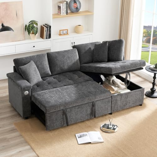 Sapgaks Ecksofa mit L-Form, umwandelbar mit USB, Schlafsofa mit Ausziehfunktion, umwandelbares 3-Sitzer-Sofa, 3-Sitzer-Wohnzimmersofa aus Stoff, Relax, ausgestattet mit Stauraum (Dunkelgrau)