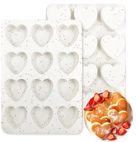 Holyenten 2 Inch Small Heart Shaped Silicone Molds, 12-Cup Cavity Baking Pan for Valentine's Day Muffins, Cupcakes, Chocolate, Tartlets, Egg Bites 2 Pack
