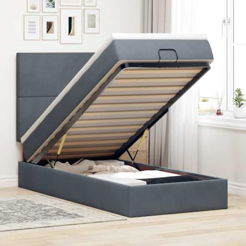 QJBSAVVA Ottomanbett Samt Dunkelgrau 100x200 cm mit Matratze und Topper großer Stauraum hydraulischer Hubscharnier Mechanismus Jugendbett Gästebett für kleine Schlafzimmer