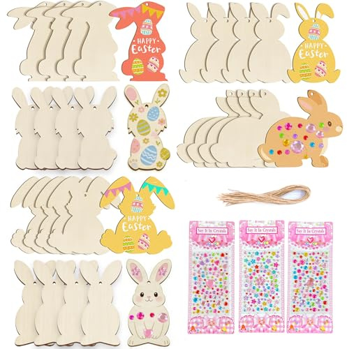 30 Stück Oster Basteln,Holzanhänger Ostern zum Bemalen,Ostereier zum Aufhängen,Hasen Osterdeko Basteln,Holz Ostereier zum Bemalen,Bastelset Ostern mit 3 Strass Aufkleber & Deko Schnur(9 * 5cm)