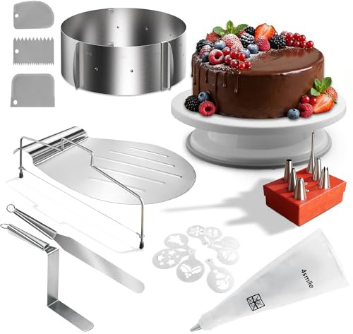 4smile Tortenschneider-Set, 24 Teile - Tortenschneider, Tortenring verstellbar hoch 8,5 cm, Tortenheber, Tortenplatte drehbar, Streichpalette, Winkelpalette, Spritzbeutel mit Tüllen, Tortenschablone