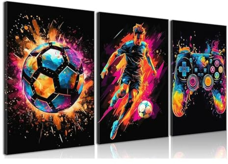 YAYNO 3 Stück Graffiti Jungenzimmer Wandbilder Graffiti Gaming Zimmer Deko Bunte Fußball Gamepad Gaming Poster Cool Neon Gaming Bilder für Schlafzimmer Spielzimmer Rahmenlos