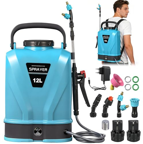 Dibaful Akku Drucksprüher 12L Elektrische mit 12V 2000mAh*2 Akku Einstellbarer 0-45 PSI | Kompatibel mit 12V Batterie Drucksprühgerät mit 5 Düsen für Gartenspritze Unkrautspritze Wassersprüher
