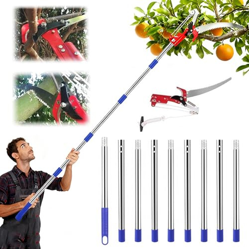 Coupe Branche Telescopique,Scie d'Élagage Manuelle,Secateur Telescopique Réglable En Hauteur Sur 4 m,Avec 9 Poteaux Alliage Aluminium Pour Élagage Coupe Branches Hautes Palmiers Arbustes(Bleu)