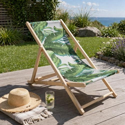 HAGO24 Strandliege Palme Sonnenliege Gartenliege Liegestuhl Klappstuhl Holz Kiefernholz Polyester 3fach verstellbar faltbar Balkon Terrasse 120kg