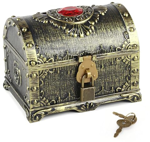INCNMAD Cofre Del Tesoro Pirata Caja de Almacenamiento de Regalo de Plástico con Cerradura y Llave para Fiestas de Búsqueda del Tesoro Pirata, Decoración y Almacenamiento (Bronce,14x10x10.5 cm)