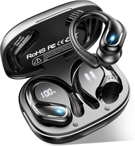 Ecouteurs Bluetooth Sans Fil Sport avec Crochets d'Oreille, 75H Autonomie | Ecouteurs Bluetooth 5.4, Son HiFi 14,2 mm EQ Personnalisée, 4 Mic ENC, IPX8 Étanche, LED Batterie, Anti-Chute pour Running