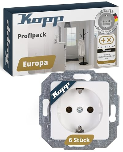 Kopp EUROPA Schutzkontaktsteckdosen in Arktis-Weiß - 6 Stück - 1-fach Einbausteckdose mit erhöhtem Berührungsschutz - IP20 Unterputz-Steckdose mit Schutzkontakt - Steckdosen-Unterputz 16A / 250V~