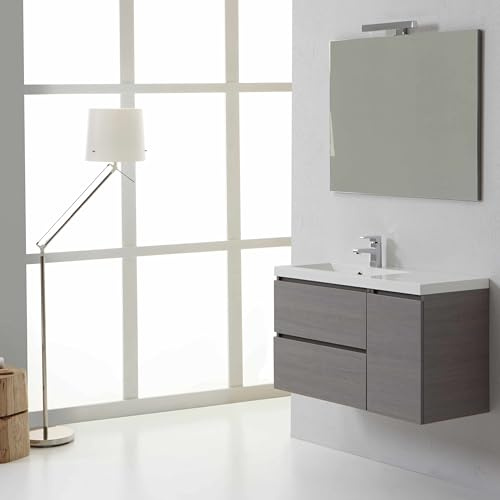 Kiamami Valentina - Meuble de Salle de Bain Suspendu 90cm avec Porte et 2 tiroirs et Vasque décentrée à Gauche | Manhattan