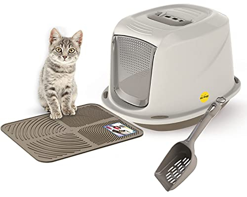 CAT CENTRE Medium Grey Hooded Kitten Litter Tray +Waste Scoop +Tray Mat Set Carbon Filter Small Cat Toilet Pet Box Loo Pan Starter Pack Portable Swing Flap Door Carry Handle Galaxy Easy Cleaning