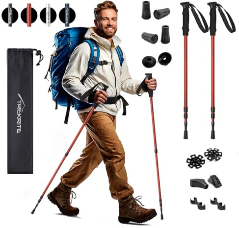 Trekrite Telescopic Walking Poles Set, Collapsible Hiking Poles, 3-Section Anti Shock Trekking Sticks for Men & Women - Adjustable Hiking Sticks with Accessories from a UK Based Company - Red