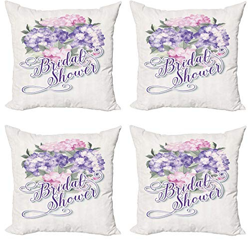 ABAKUHAUS Douche Nuptiale Lot de Housses de Coussin en 4 pièces, Shabby Hortensias, Impression Numérique Recto-Verso Moderne, 45 cm x 45 cm, Pourpre et Rose pâle