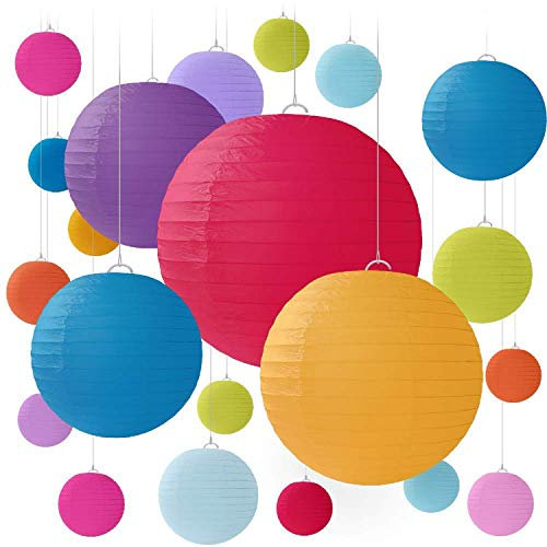 Jangostor 20 PCS Colorful Round Paper Lanterns with Wire Ribbing, Different Sized Lampshades for Weddings, Birthdays,Parties, Rooms and Events - Assorted Sizes of 15, 20, 25, 30 cm (Multi)