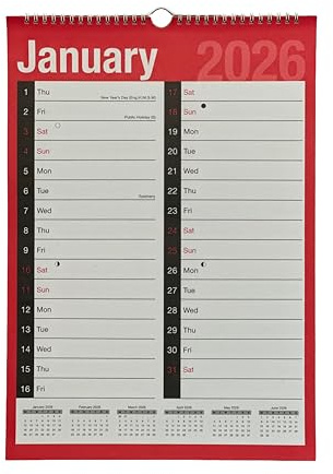 2026 A3 Calendar 2 Column Month to View Spiral Bound Wall Planner Red and Black CaLender