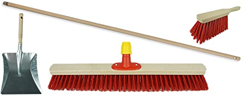Novaliv Straßenbesen Holzstiel 60 cm Set I Besen und Kehrblech Handfeger I Elaston rot I mit Gewinde I Gartenbesen Hofbesen Besen mit Stiel draußen Besen Terrasse Außenbesen