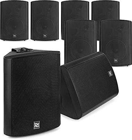 Power Dynamics Wall Mounted Music System, 8x 5.25 Black Speakers, Bluetooth Active Powered Speaker Set for Commercial Spaces, Multi-Room Background Audio for Shop, Office or Restaurant Use