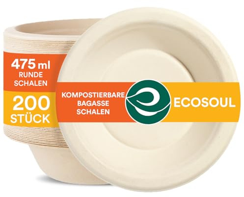 ECO SOUL 200x Papierschalen 470 ml(16oz) suppenschalen einweg pappschalen | Aus Bagasse hergestellt, 100% kompostierbar & plastikfrei, Mikrowellen & gefriergeeignet, Auslaufsicher und extra stabil