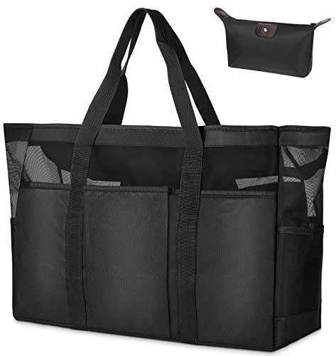 flintronic Strandtasche Familie mit Reißverschluss, 50.7*35.5*18CM Extra Große Reisetasche Strandtasche Damen, Mesh Beach Bag Shopper Faltbare Schultertaschen Badetasche mit Kosmetiktasche, Schwarz
