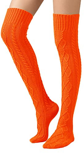 SherryDC Damen Zopfmuster Oberschenkelhohe Stiefelsocken extra lange Winterstrümpfe Beinwärmer, Orange/Abendrot im Zickzackmuster (Sunset Chevron), Einheitsgröße