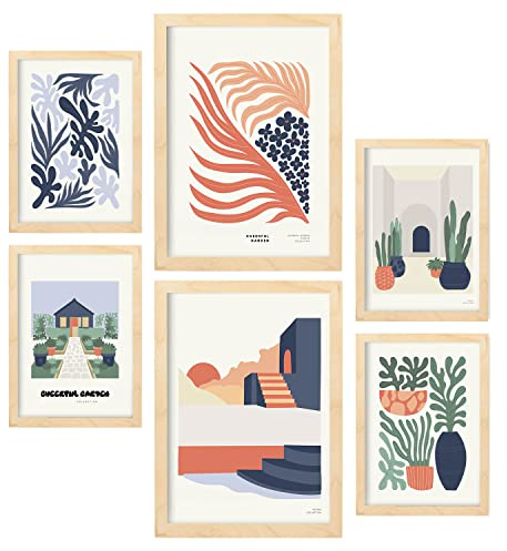 Nacnic Set de 6 Posters Minimalismo en Colores Pastel. Jardín Alegre. Láminas de Paisajes y Naturaleza para el Diseño y Decoración de Interiores. Tamaños A3 & A4, Marcos Color Madera.