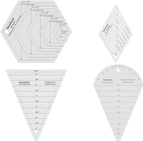 Liquidraw Quiltschablonen und Lineale – 4er-Set, von 11,4 cm bis 16,5 cm Größen, Acryl-Schablonen und Nählineal-Set für Patchwork und Quilten, inklusive Sechseck-, Dreieck-, Blütenblatt- und