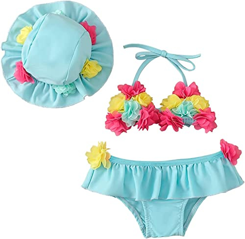 Geagodelia Costume da Bagno 3 Pezzi Neonata Estivo Top Bikini a Fiori+Slip+Cuffia di Protezione Solare Completo Bikini Bambina Mare Spiaggia (Blu, 6-12 Months)