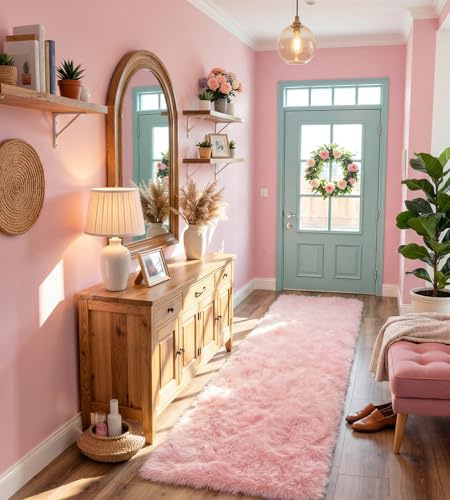 VOFUSHON Teppich Flur 80 x 150 cm Rosa Waschbare rutschfeste Teppiche Weich Flauschig Rug Wohnzimmerteppiche | Waschbar, Rutschfest, OEKO-TEX Zertifiziert, 35D Rückprallschaum, Flauschig, Flur, Wohnzimmer, Schlafzimmer, Kinderzimmer