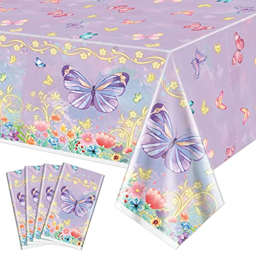 4 Pcs Schmetterling Party Tischdecken - Schmetterling Geburtstag Dekorationen Tischdecke Bunte rechteckige Tabelle deckt mit Schmetterling Design für Frühling Party Dekorationen, 130 x 220cm