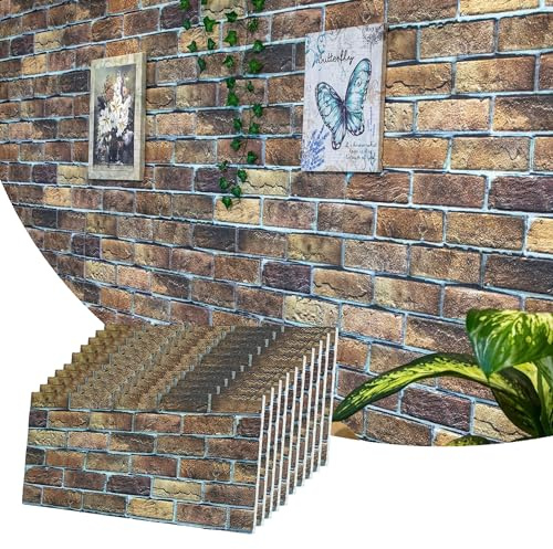 Dundee Deco 3D Wall Panels Faux Brick - Cladding, Brown Beige Stone Look Wall Paneling, Styrofoam Facing for Living Room, Kitchen, Bathroom, Balcony, Bedroom, Set of 10, Covers 54 sq ft