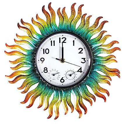 HOBYLUBY 33 cm Sonnen-Außenuhr, Wanduhr mit Thermometer & Luftfeuchtigkeit, leise, kein Ticken, wasserdicht für Terrasse, Wohnzimmer, Küche