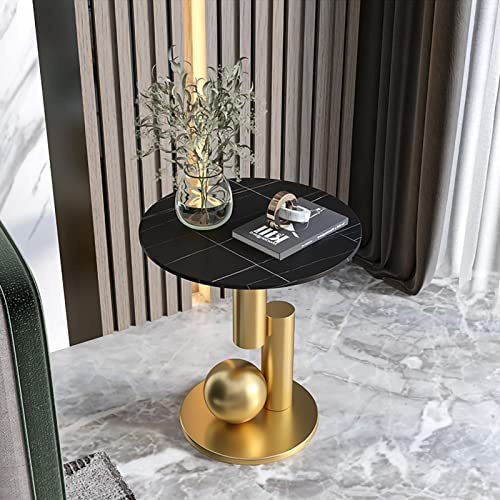 Luxury Round Side Table End Table, Stainless Steel Ball and Thick Steel Plate Base Slate Sofa Corner Table with Marble Texture for Living Room, Home Office, Apartment, Balcony, Small Space