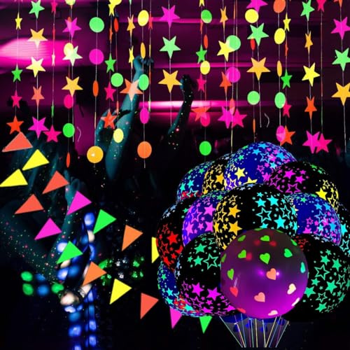 KARLOR Schwarzlicht Party Deko, fluoreszierend Girlanden/Je 3.5 Meter Neon Wimpelkette Glow unter UV Licht, Neon Stern Kreispunkt Wimpelkette, UV Glow Disco Party Deko