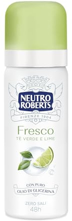 Neutro Roberts, Färsk grön spraydeodorant, grönt och lime te, noll aluminiumsalter, noll fläckar, med ren glycerinolja, deodorant för män och kvinnor, dermatologiskt testad, 50 ml, 48h