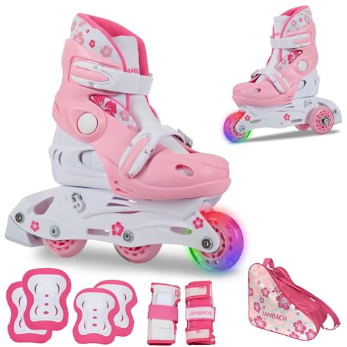 JAMBACH Kinder Inliner Set mit Protektoren verstellbar zum Rollschuh mit LED (Rosa, S (30-33))