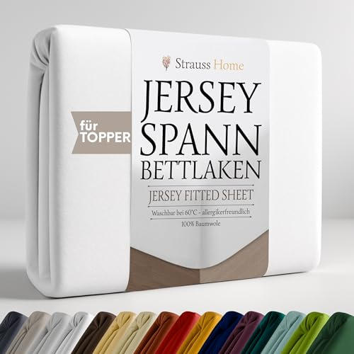 Strauss Home Premium Spannbettlaken Jersey 180x200-200x200 cm Topper - 160 g/m² 100% gekämmte Baumwolle, 10 cm Steg, Oeko-TEX - für Matratzentopper bis 10 cm - Weiß