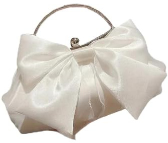 DCNIYT Weiße Satin-Schleife, Abendtasche, Clutch, Metallgriff, Handtaschen für Damen, Hochzeit, Party, Braut, Clutch, Geldbörse, Kette, Schultertasche