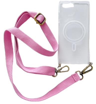 SMIEK Custodia trasparente in cristallo magnetico con tracolla, cordino, per iPhone 15 13 12 11 14 Pro Max Mini XS X XR 8 7 Plus Cover, rosa, per iPhone 13 Mini