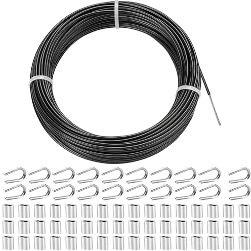 TooTaci 3mm Outdoor String Light Hanging Kit, 30M Black Coated 304 Stainless Steel Cable, Includes 50pcs Crimping Loops & 20pcs Thimbles for Garden Support, Fence Wire, Light Strings Hanging, DIY Use