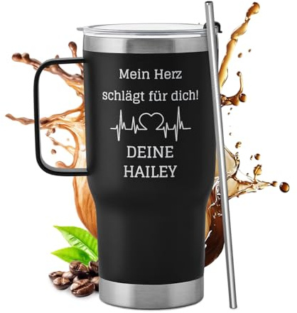 Maverton Personalisierter Thermobecher 600 ml - Edelstahl Kaffeebecher to go mit Griff und Strohhalm- Geschenke für Männer - Geschenk Valentinstag für Ehemann - Schwarz