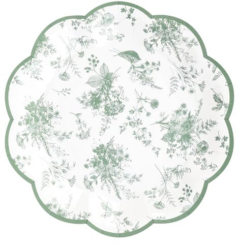 Elyxio 24Pcs Sage Green Floral Party Plates Vintage Floral Leaf Disposable Paper Plates Wildflower Toile 7 Scalloped Rim Dessert Plate for Christmas Birthday Bridal Tea Party Supplies
