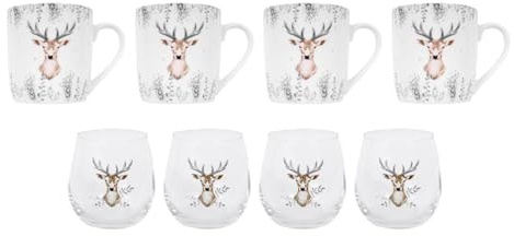 YöL 4 Christmas Glass Tumblers & 4 Coffee Mugs Stag Design Cup Xmas Table Decor