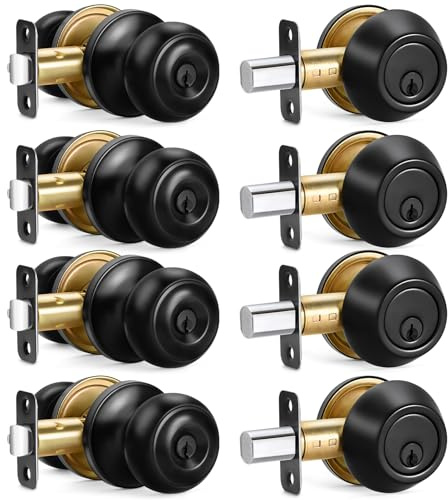 4 Sets Entry Door Knob and Single Cylinder Deadbolt Combo Set, Keyed Alike