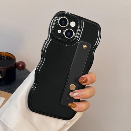 LAPOPNUT for iPhone 15 Case, Wavy Frame Soft Silicone, Black | Adjustable Strap Kickstand Finger Holder,Curly Aesthetic Girly Design, Cute Phone Cover for Women Girls, Camera Protection