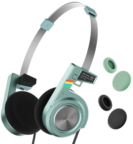iKF R3 Kopfhörer Kabellos Bluetooth Retro, Vintage On Ear Headphones, bis zu 60 Stunden Spielzeit, Deep Bass, Abnehmbare Ohrmuscheln, Leichtgewicht, Anschluss von Zwei Geräten für Laptop/PC (Grün)
