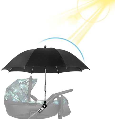 LEKEFETO Passeggino parasole con supporto: ombrellone passeggino, universale, diametro 84 cm, protezione UV 50+, flessibile, girevole e inclinabile, Nero