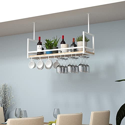AYVADA Mensola da soffitto - Portabicchieri da Vino sospeso al soffitto, Portaoggetti in Legno massello in Ferro battuto, Portabottiglie da soffitto, Mensola espositiva per Piante a Parete, Mensole