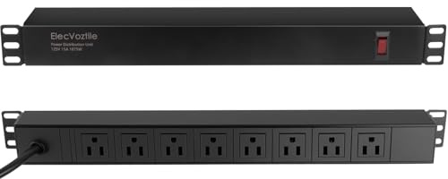ElecVoztile - 8 outlet PDU power strip, 1020J surge protection and 15A overload switch, fits 19 inch network server rack, cable