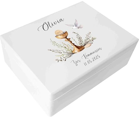 Creative Deco Weiß Personalisiert Kommunion Geschenke für Mädchen Jungen | Holzkiste | Kelch Motiv | Individuelle Geschenk Erinnerungsbox | Erstkommunion Deko